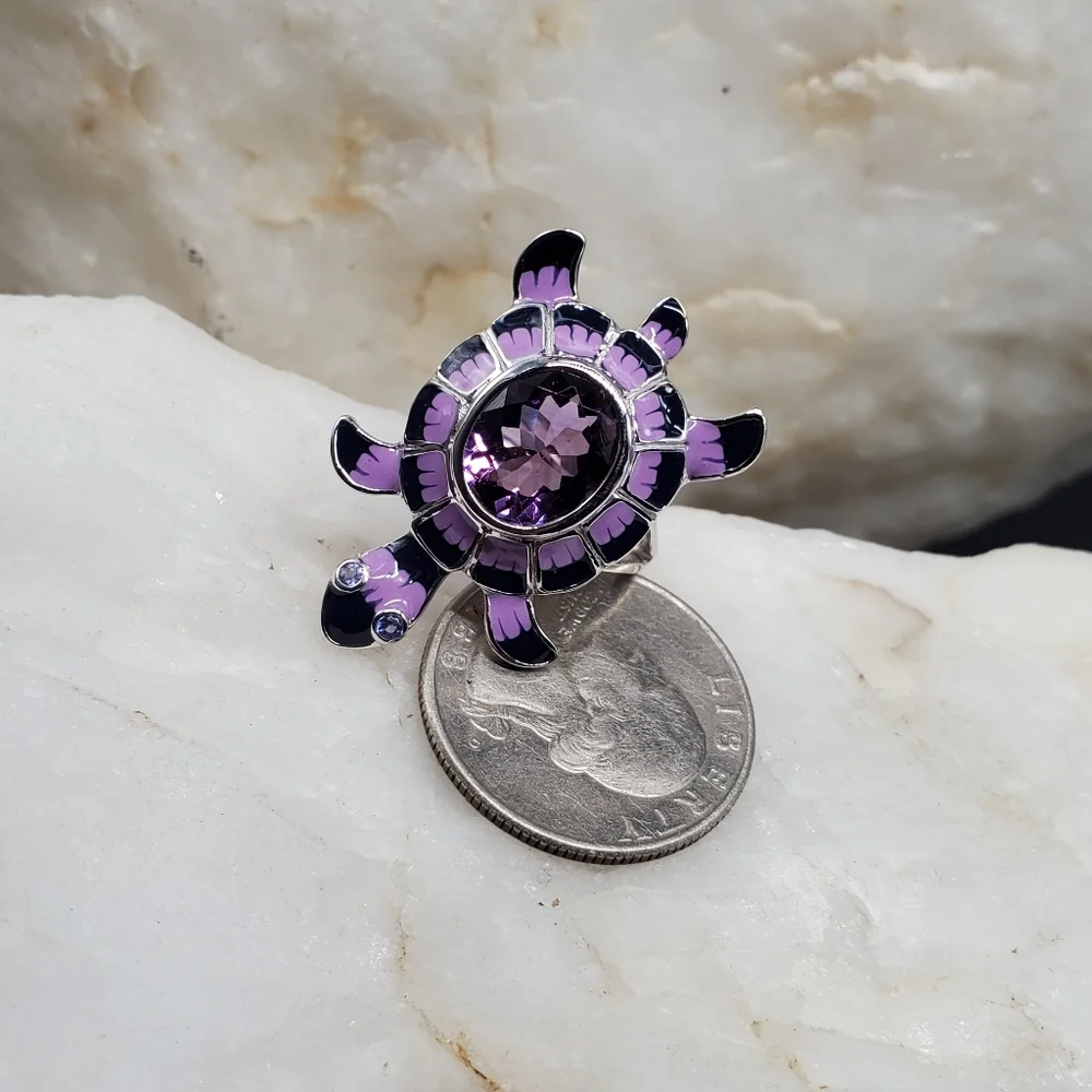 Solid Sterling Silver 925 Large Genuine Amethyst Gemstone Turtle Jewelry